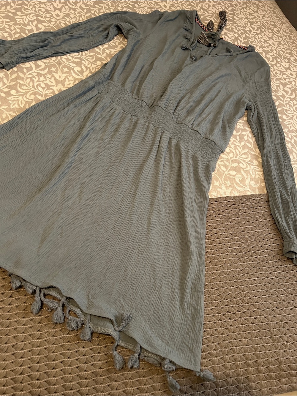 Daytrip Sage Green Long-Sleeve Tassel-Hem Tunic Dress